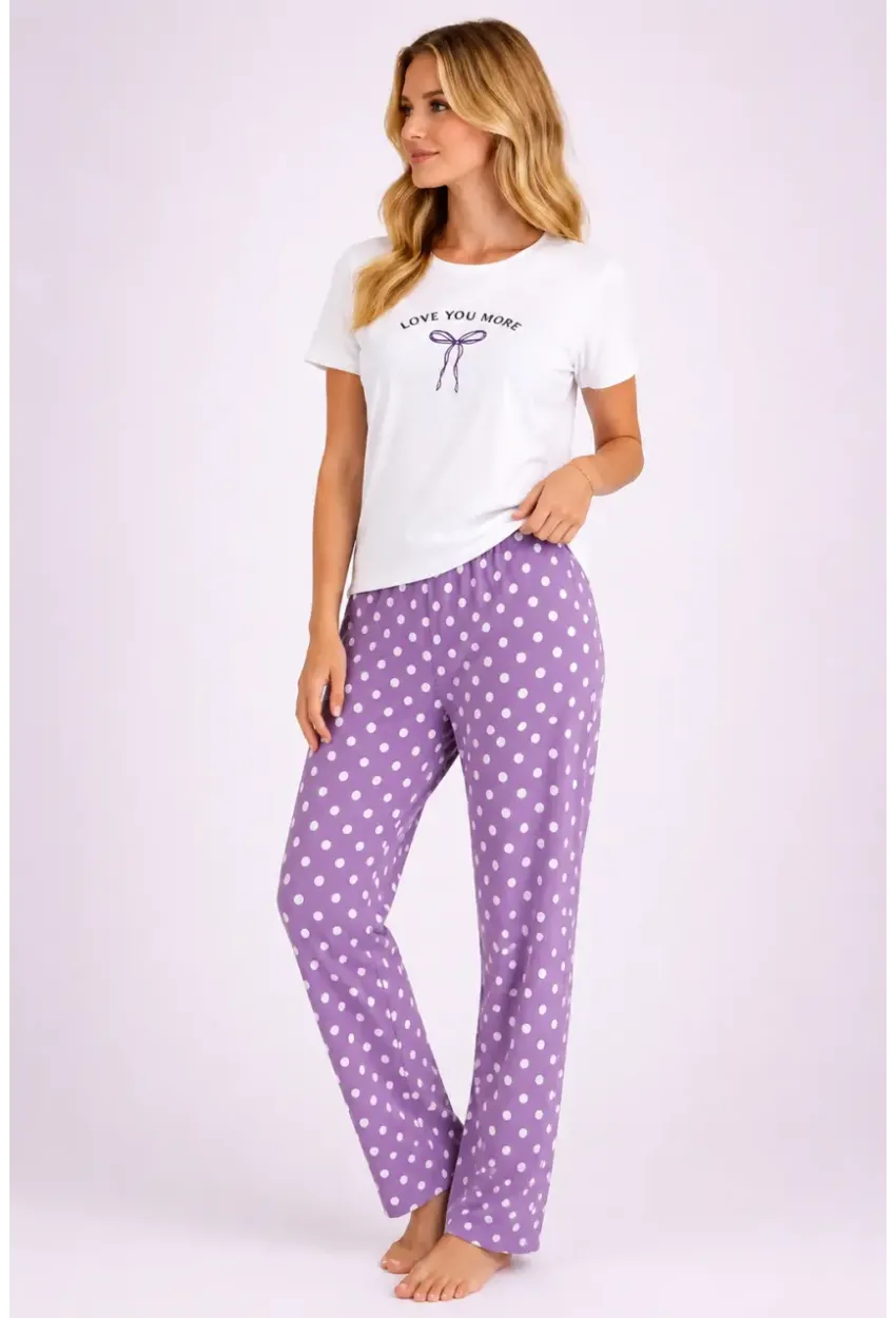 Love You More Baskılı Lila Puantiyeli Pijama Takımı