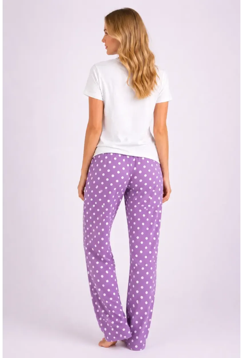Love You More Baskılı Lila Puantiyeli Pijama Takımı