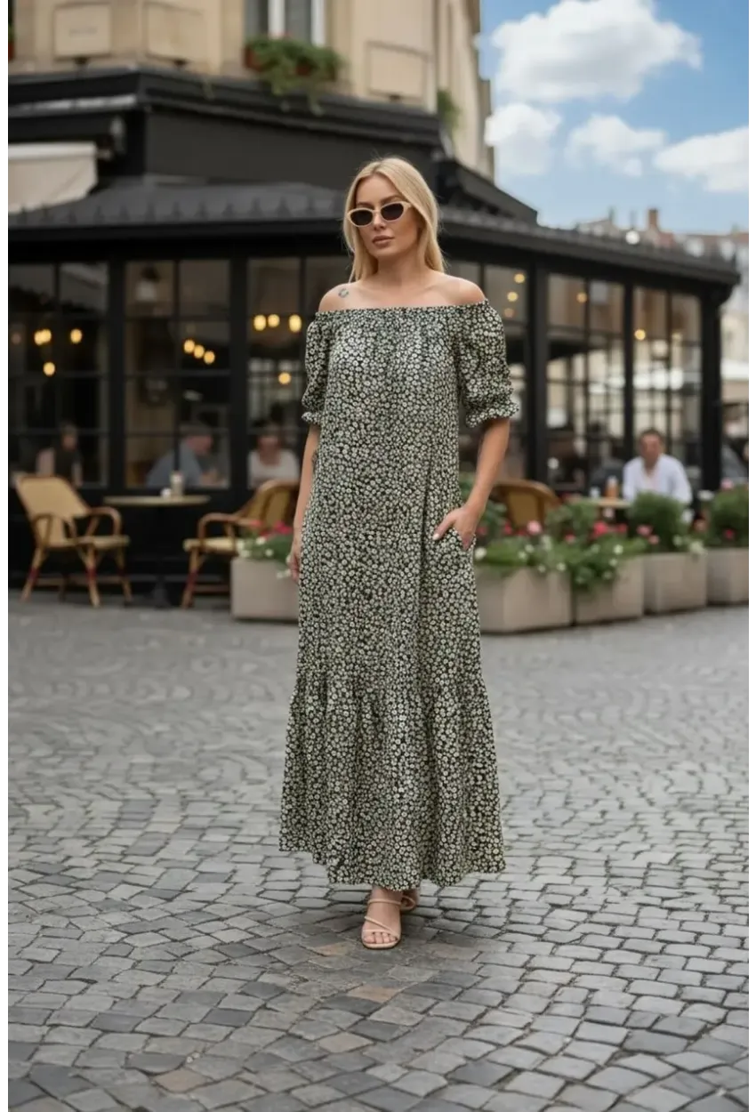 Madonna Yaka Çiçek Desenli Maxi Elbise – Rahat Kesim Yazlık Şıklık