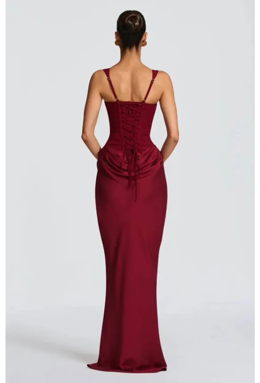 Maxi Boy Bağcıklı Ayarlanabilir Korse Detaylı Elbise –Bordo