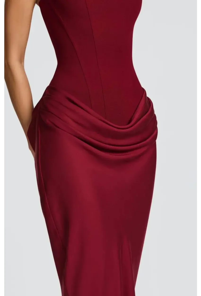 Maxi Boy Bağcıklı Ayarlanabilir Korse Detaylı Elbise –Bordo