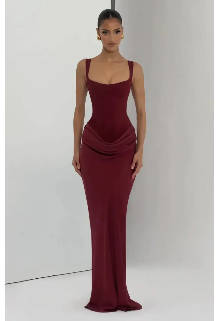 Maxi Boy Bağcıklı Ayarlanabilir Korse Detaylı Elbise –Bordo