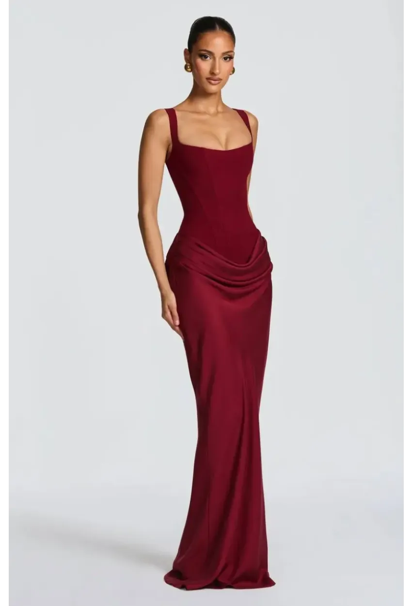 Maxi Boy Bağcıklı Ayarlanabilir Korse Detaylı Elbise –Bordo
