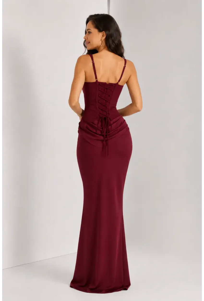 Maxi Boy Bağcıklı Ayarlanabilir Korse Detaylı Elbise –Bordo