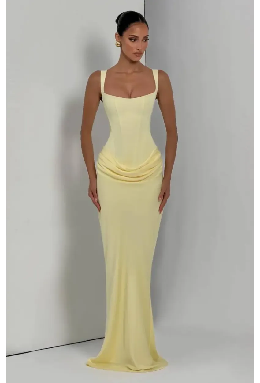 Maxi Boy Bağcıklı Ayarlanabilir Korse Detaylı Elbise – Sarı