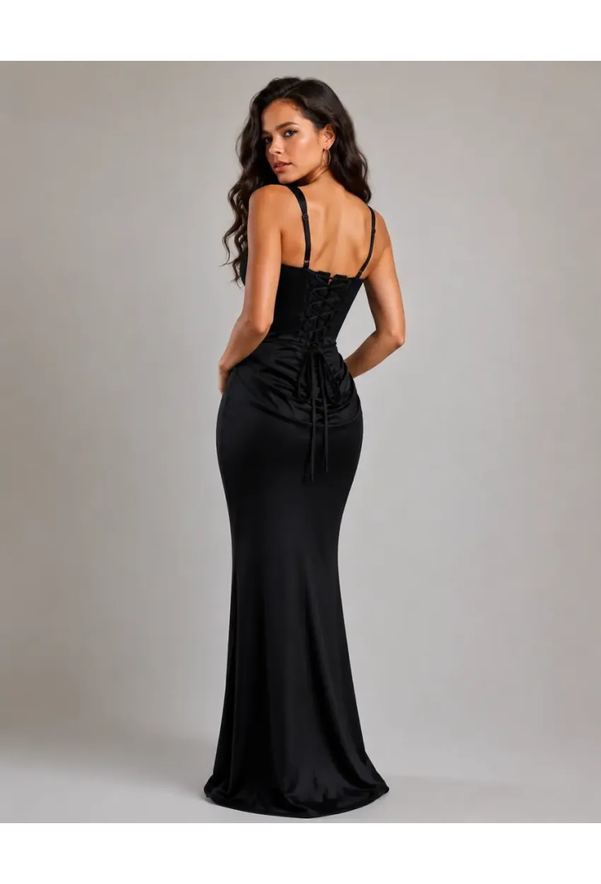Maxi Boy Bağcıklı Ayarlanabilir Korse Detaylı Elbise – Siyah