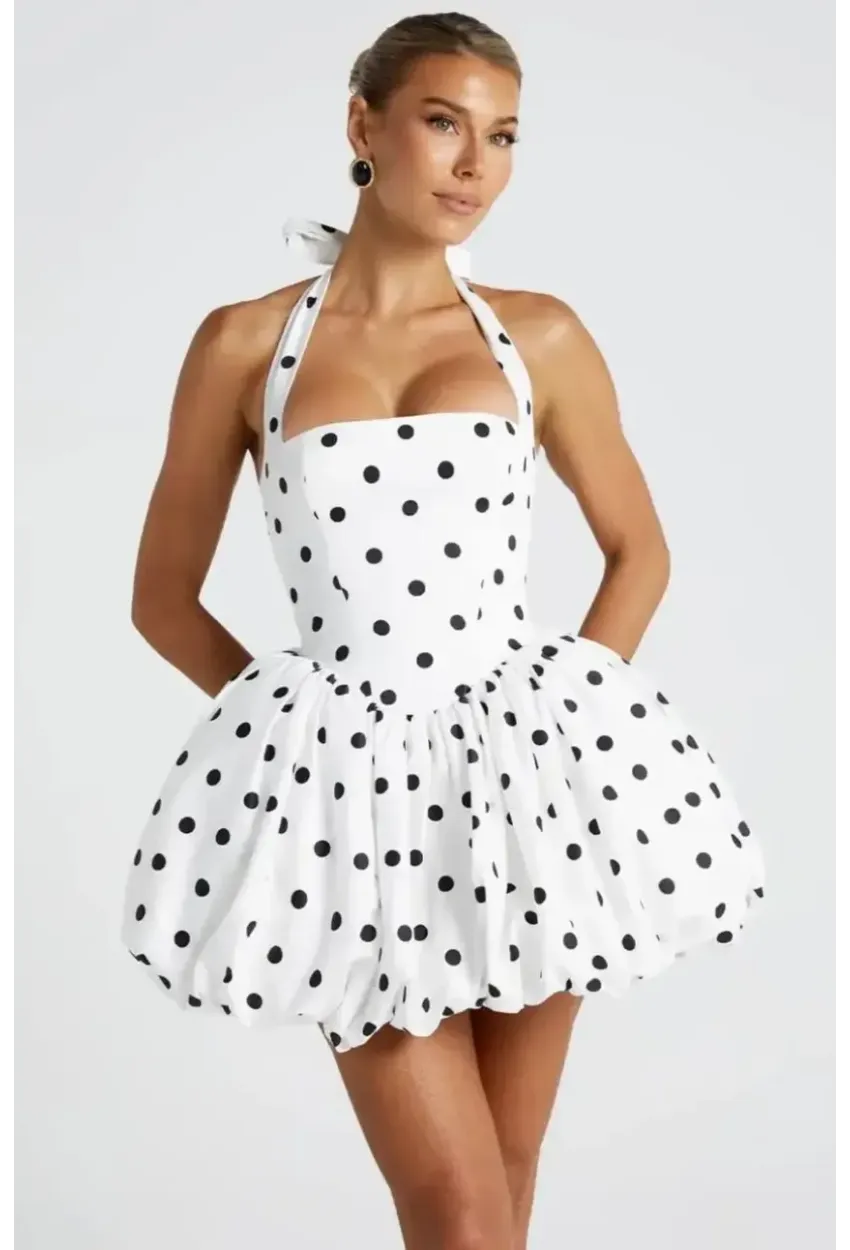 Modal Kumaş Astarlı Gipe Detay Puantiye Baskılı Mini Balon Elbise