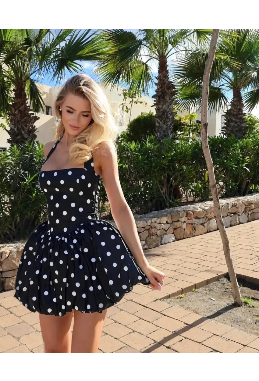 Modal Kumaş Astarlı Gipe Detay Puantiye Baskılı Mini Balon Elbise Siyah