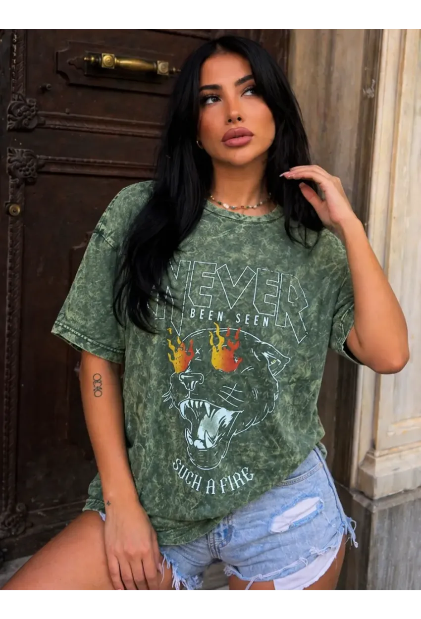 Never Print Yıkamalı Oversize T-Shirt – Vintage Yeşil Panter Baskılı