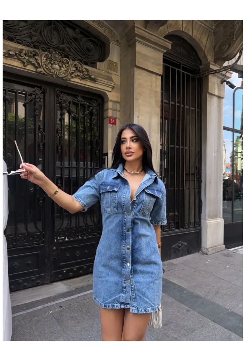 Önü Düğmeli Cepli Mavi Jean Elbise