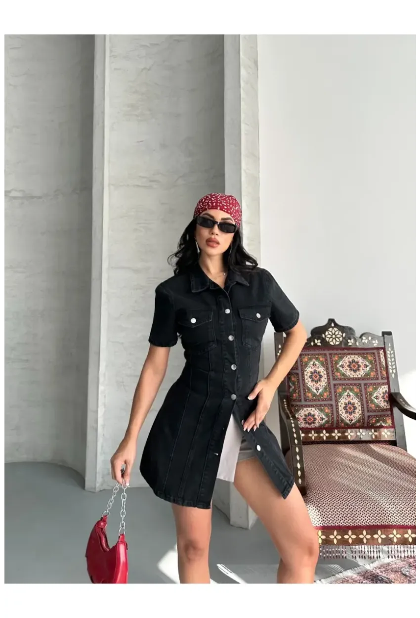 Önü Düğmeli Cepli Siyah Jean Elbise