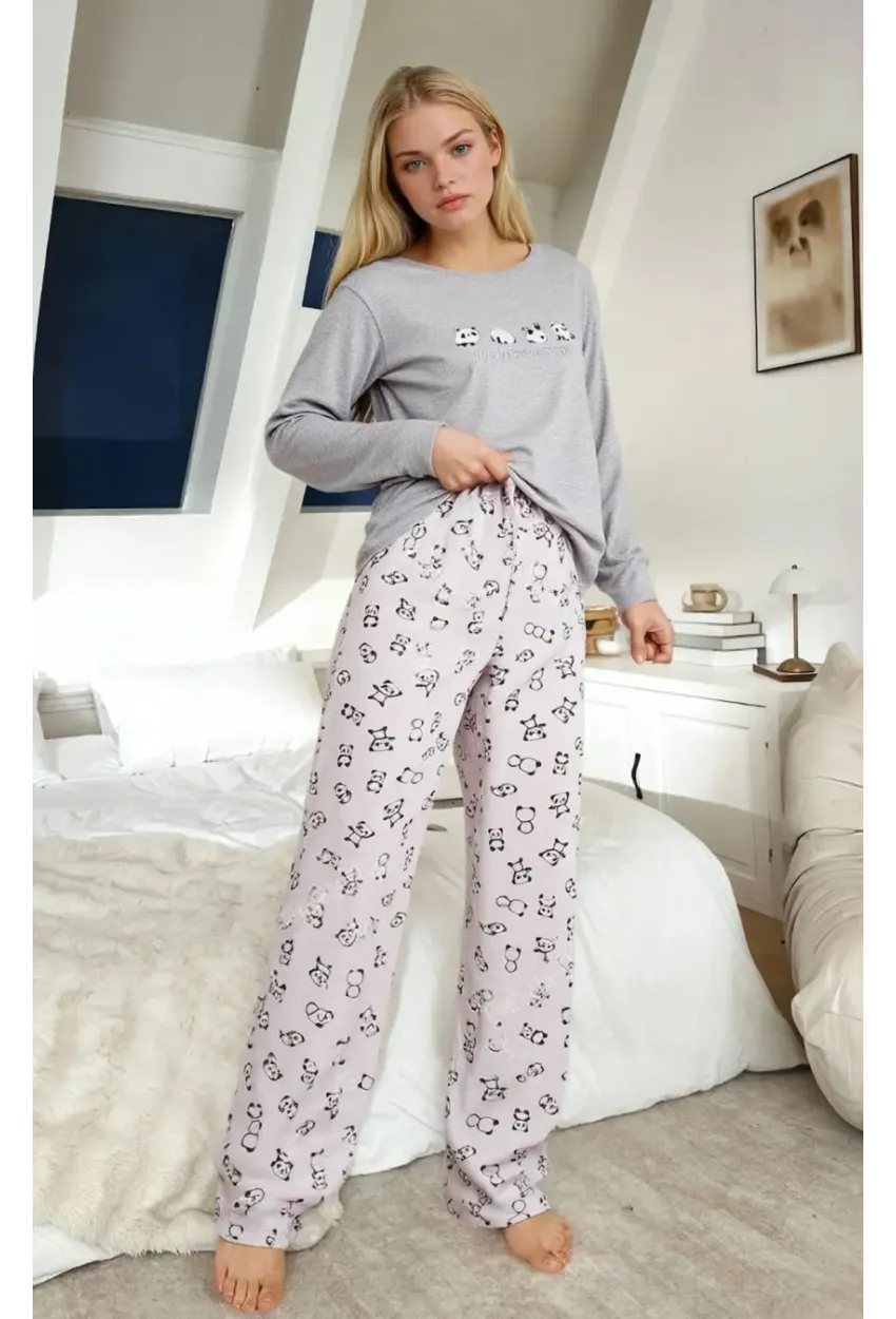 Panda Baskılı Uzun Kollu Pijama Takımı