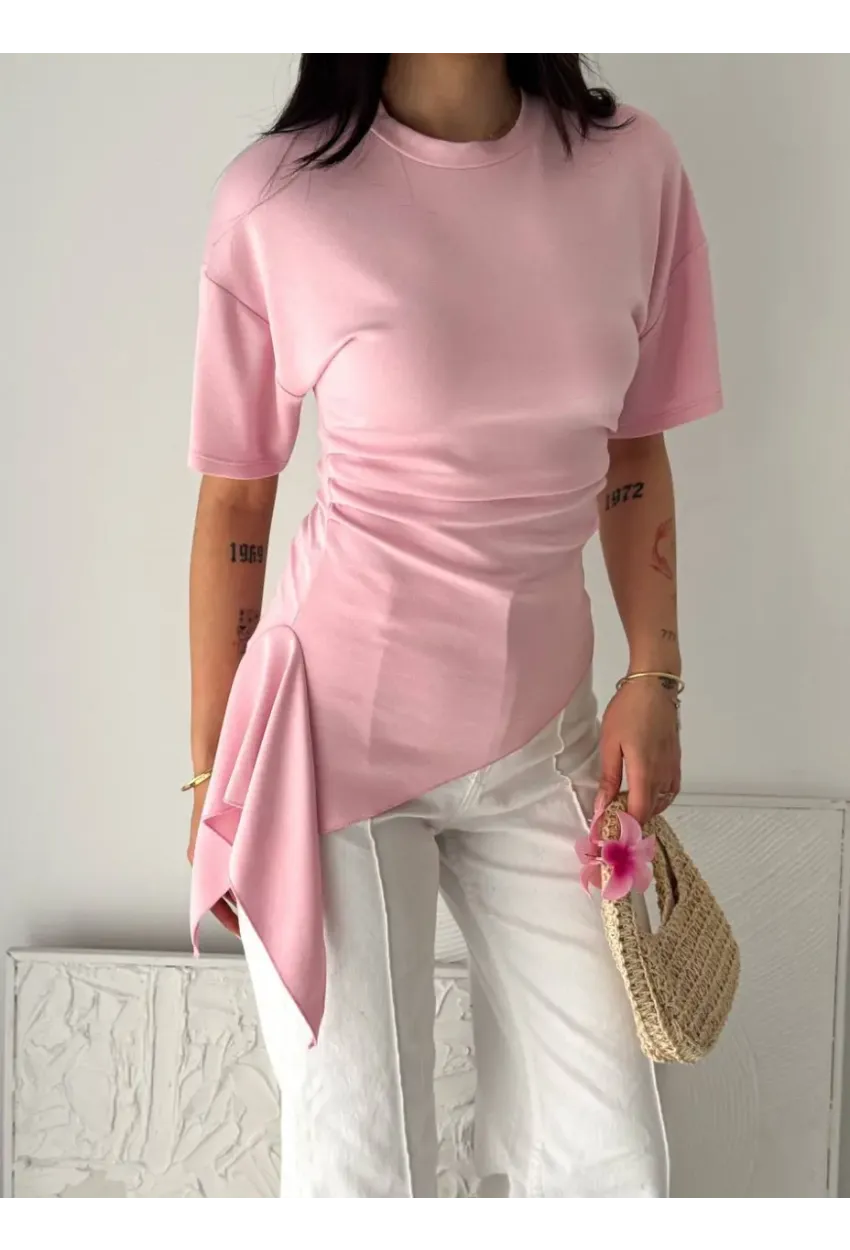 Pembe Asimetrik Drapeli Modern Basic Bluz