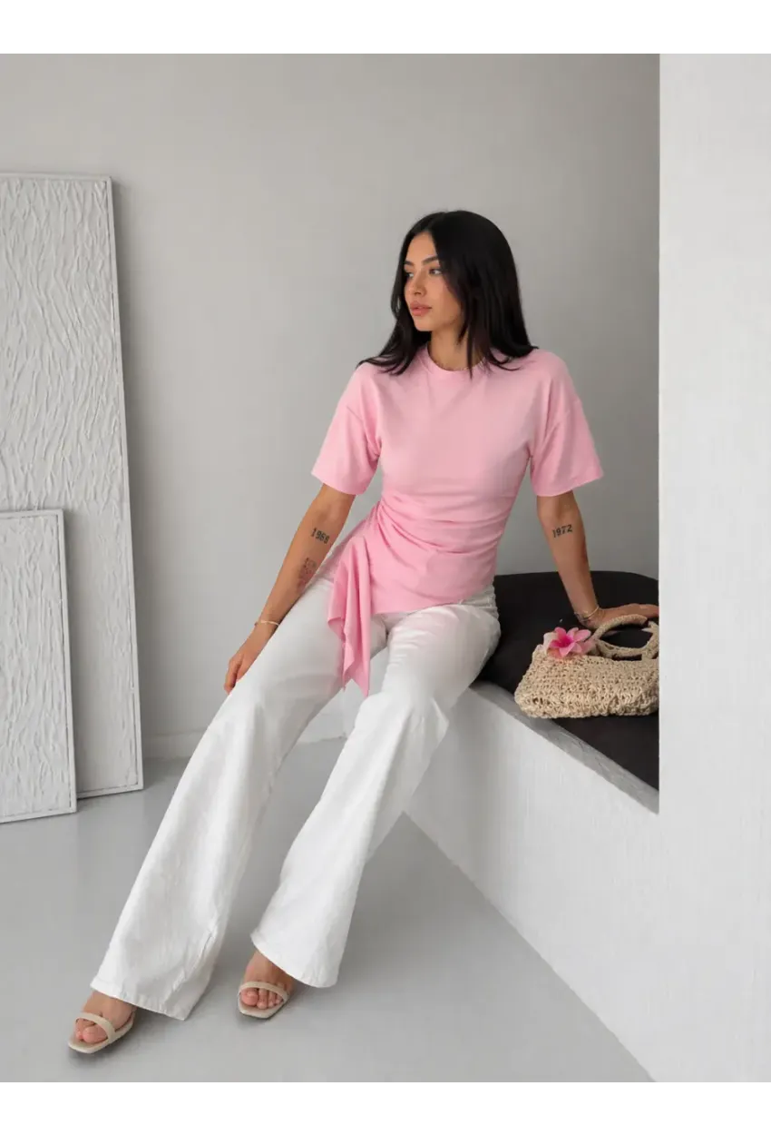 Pembe Asimetrik Drapeli Modern Basic Bluz