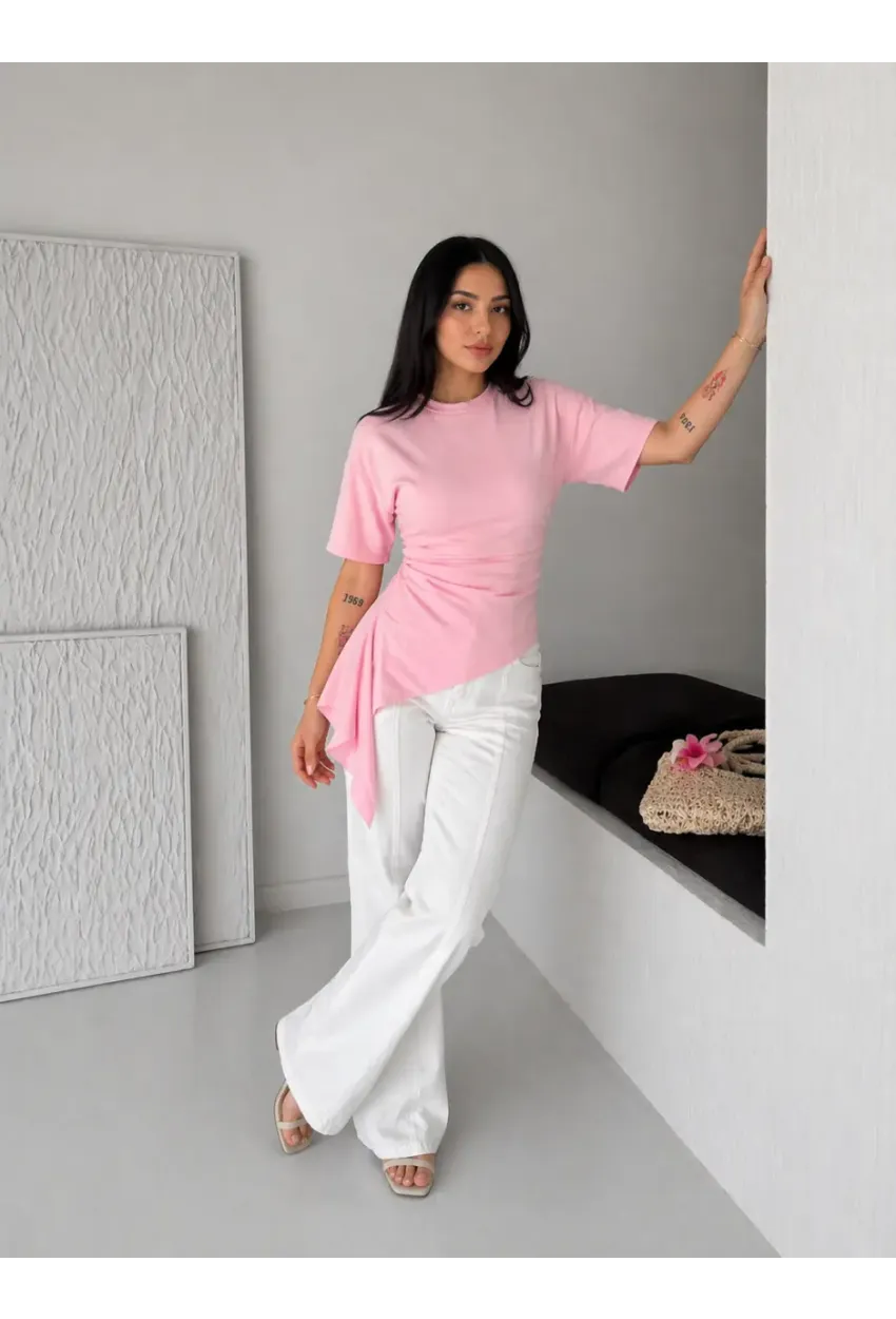 Pembe Asimetrik Drapeli Modern Basic Bluz