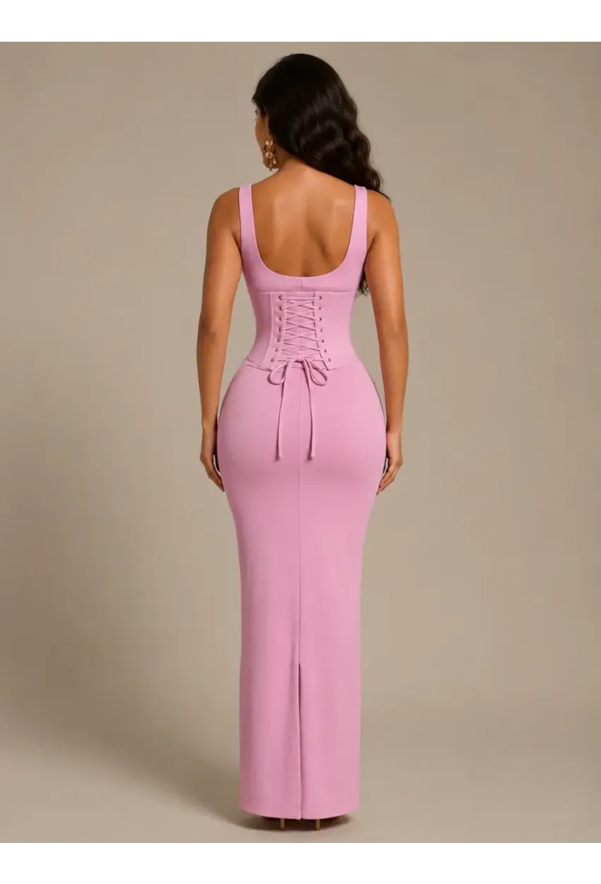 Pembe Tonu Korse Detaylı Maxi Elbise