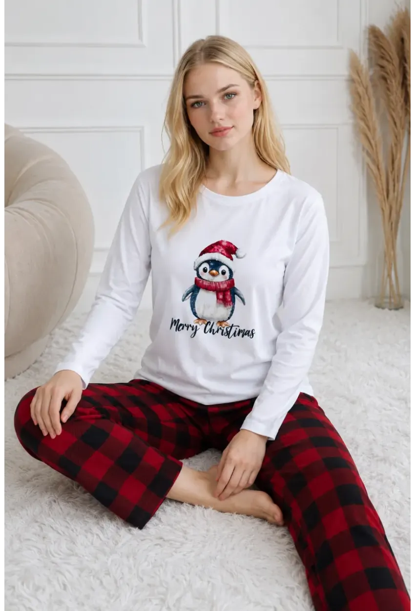 Penguen Baskılı Uzun Kollu Kadın Pijama Takımı