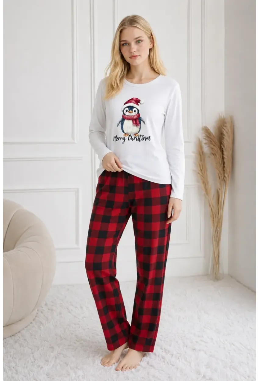 Penguen Baskılı Uzun Kollu Kadın Pijama Takımı