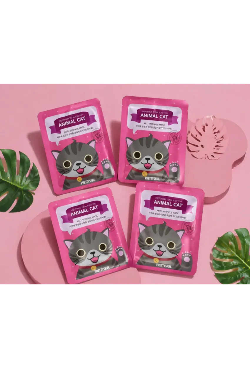 PRETTYSKIN Animal Cat Anti-Wrinkle Mask 25 gr | Kırışıklık Karşıtı Nemlendirici Kağıt Yüz Maskesi 4lü Set
