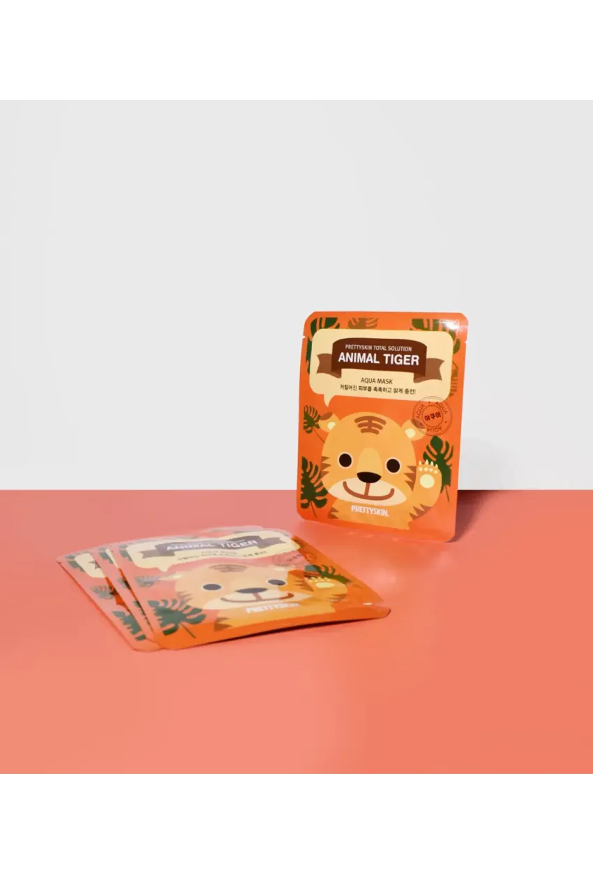 PRETTYSKIN Animal Tiger Aqua Mask 25gr | Nemlendirici Kaplan Desenli Kağıt Yüz Maskesi 4lü Set