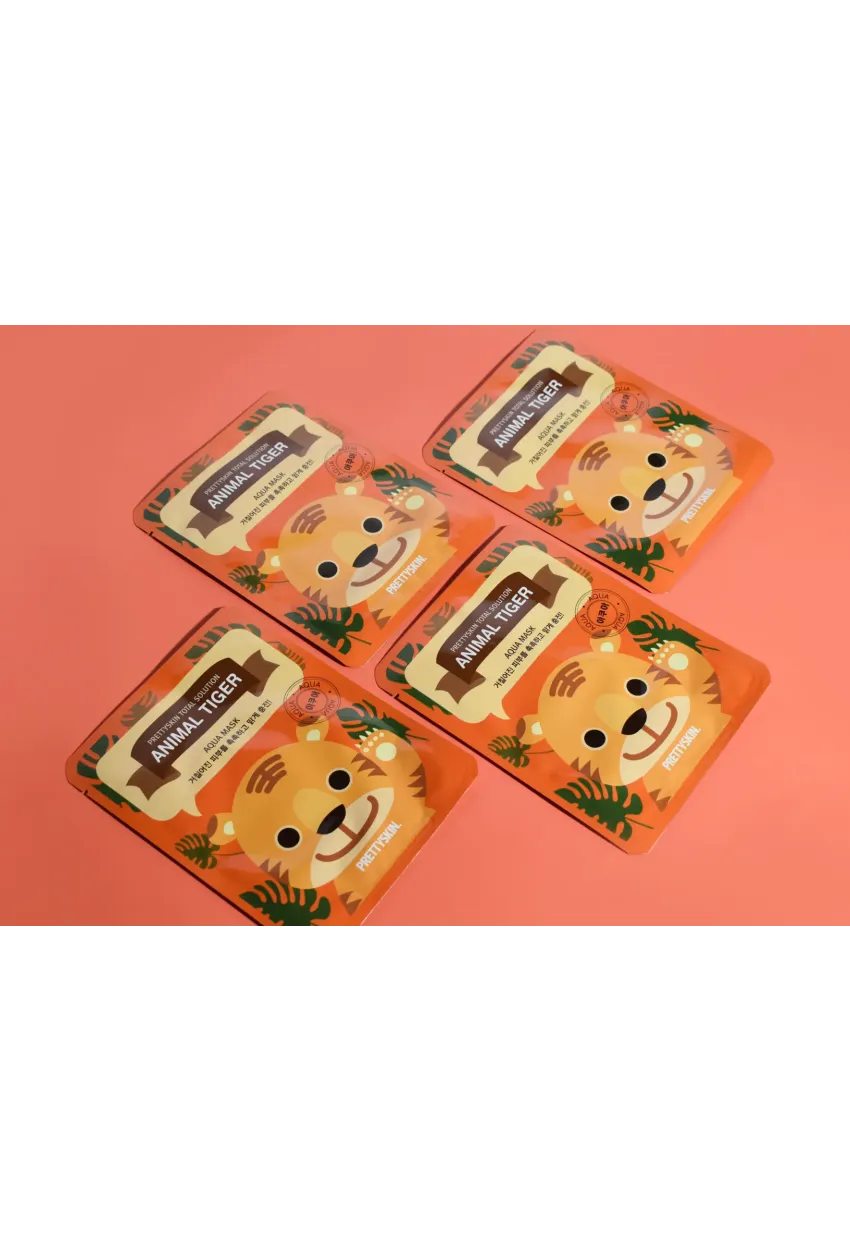 PRETTYSKIN Animal Tiger Aqua Mask 25gr | Nemlendirici Kaplan Desenli Kağıt Yüz Maskesi 4lü Set