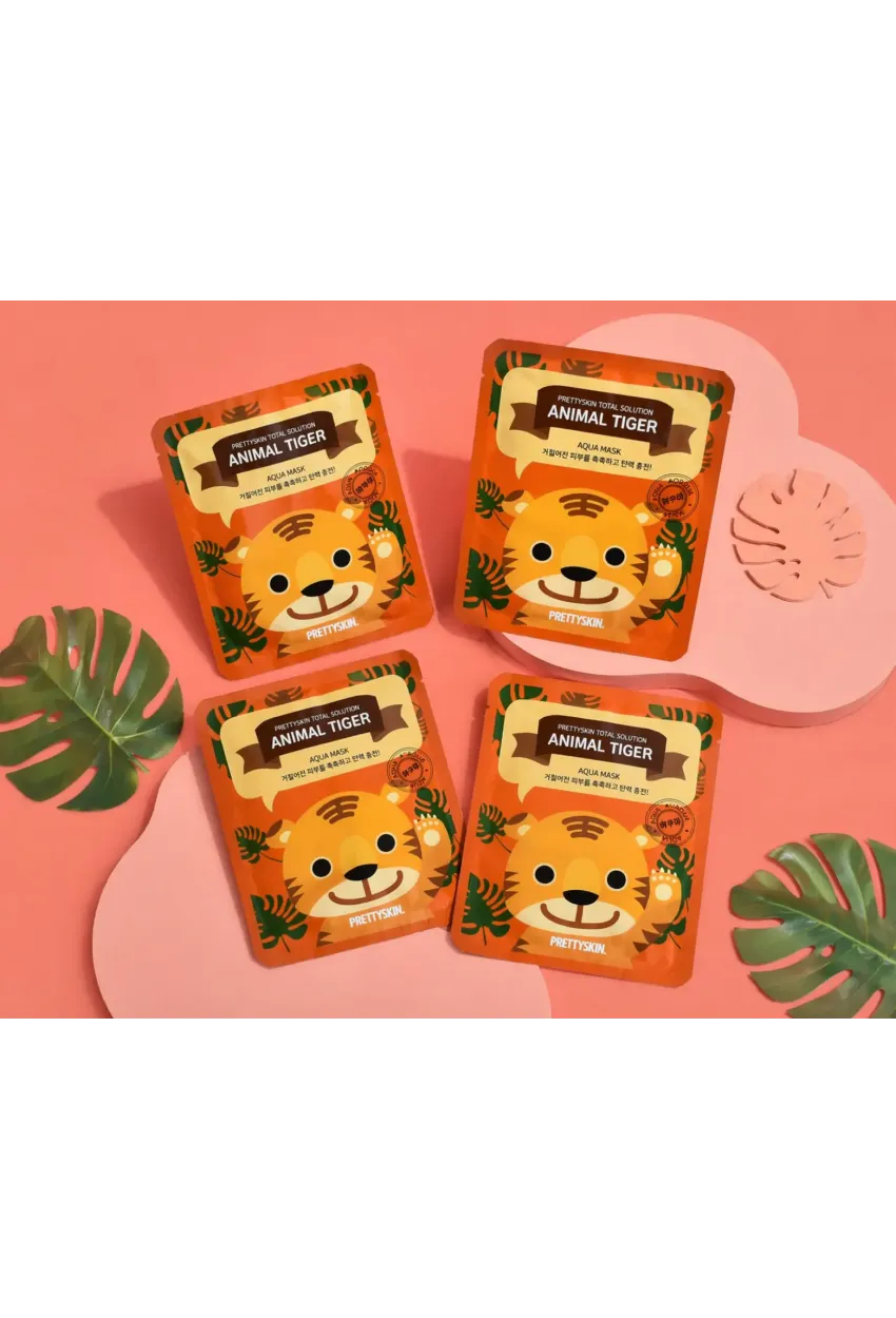 PRETTYSKIN Animal Tiger Aqua Mask 25gr | Nemlendirici Kaplan Desenli Kağıt Yüz Maskesi 4lü Set