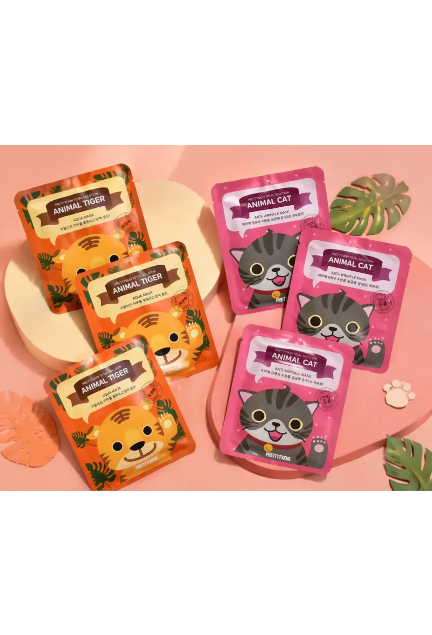 PRETTYSKIN Animal Tiger Aqua Mask & Animal Cat Anti-Wrinkle Mask 6lı Set 25g