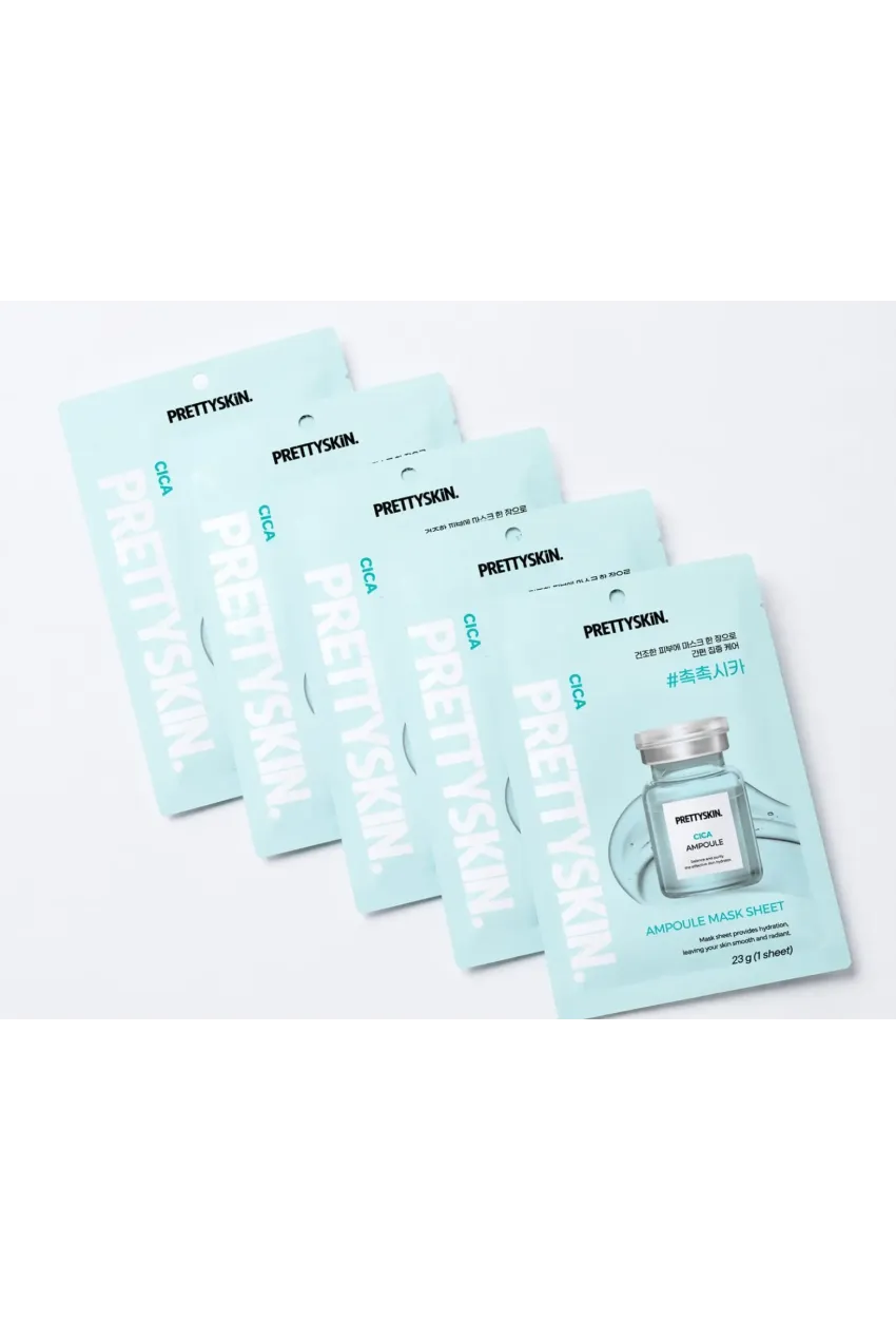 PRETTYSKIN Cica Ampoule Mask Sheet 23g | Cilt Yatıştırıcı Nemlendirici Kağıt Yüz Maskesi 5li Set
