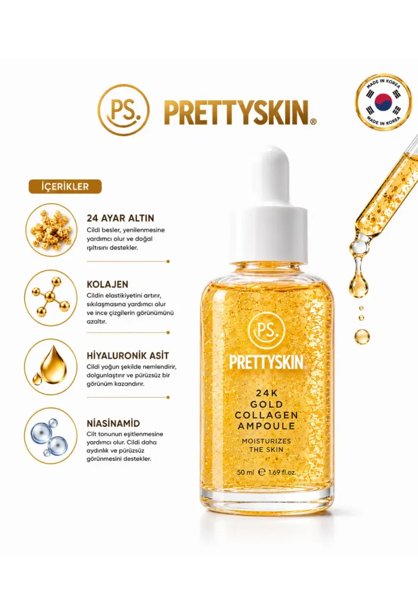 PS PRETTYSKIN 24K Gold Collagen Ampoule 50 ml | Altın ve Kolajen İçerikli Sıkılaştırıcı Yüz Serumu
