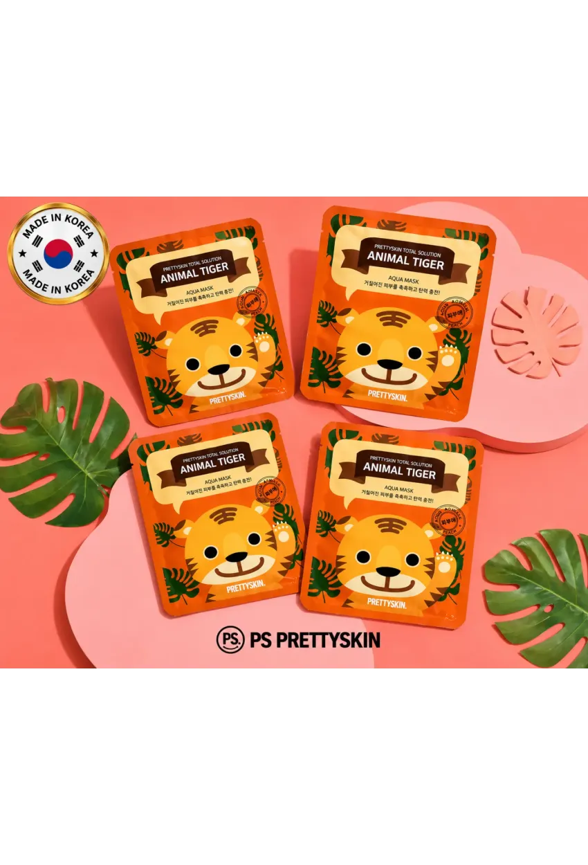 PS PRETTYSKIN Animal Tiger Aqua Mask 25gr | Nemlendirici Kaplan Desenli Kağıt Yüz Maskesi 4lü Set