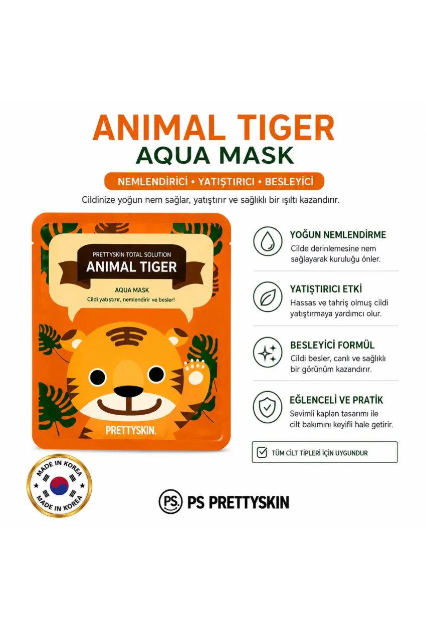 PS PRETTYSKIN Animal Tiger Aqua Mask 25gr | Nemlendirici Kaplan Desenli Kağıt Yüz Maskesi 4lü Set