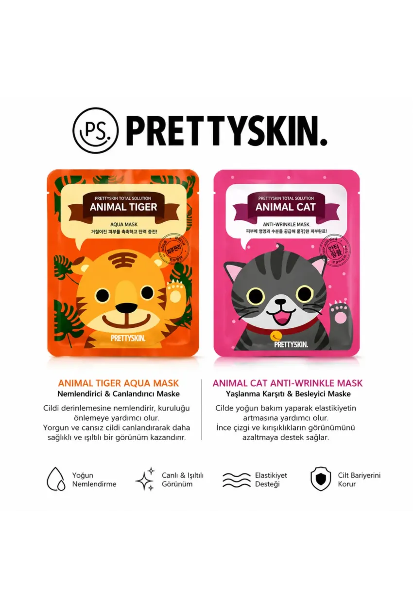 PS PRETTYSKIN Animal Tiger Aqua Mask & Animal Cat Anti-Wrinkle Mask 6lı Set 25g