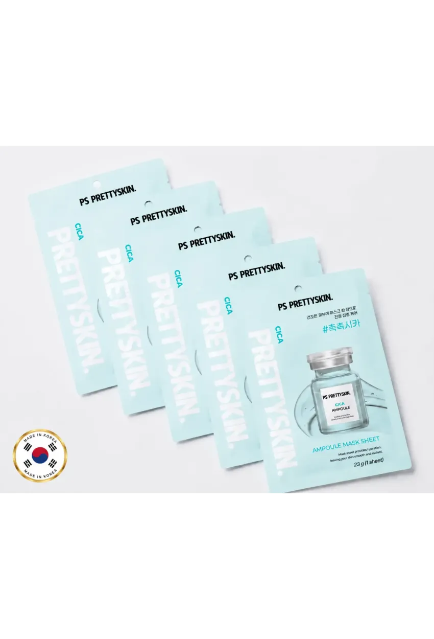 PS PRETTYSKIN Cica Ampoule Mask Sheet 23g | Cilt Yatıştırıcı Nemlendirici Kağıt Yüz Maskesi 5li Set
