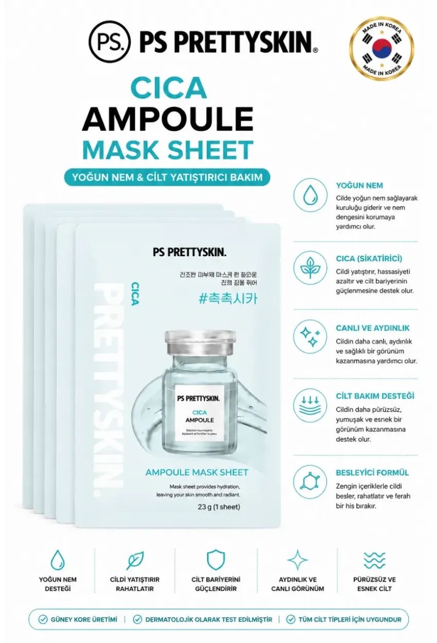PS PRETTYSKIN Cica Ampoule Mask Sheet 23g | Cilt Yatıştırıcı Nemlendirici Kağıt Yüz Maskesi 5li Set