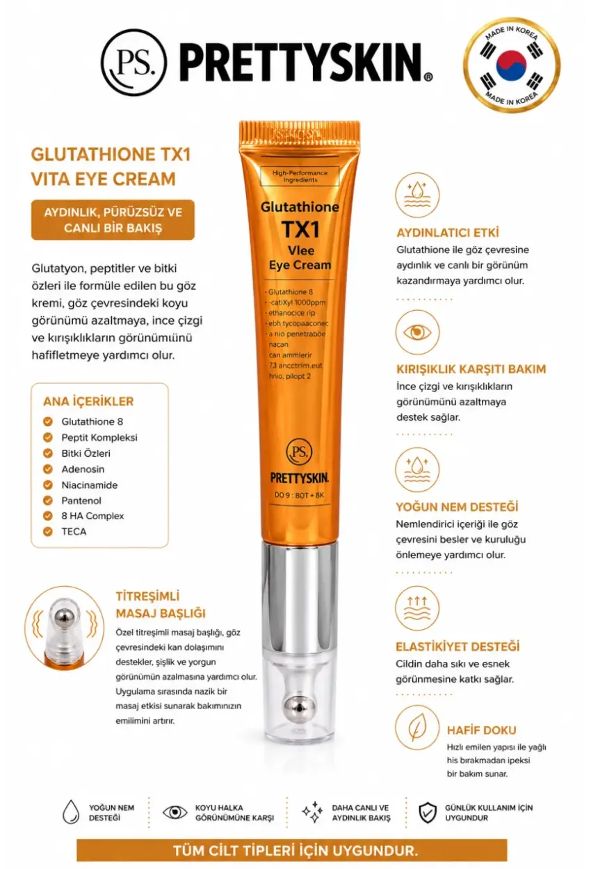PS PRETTYSKIN Glutathione TX1 Vita Eye Cream 20 g | Soğutucu Titreşimli Aplikatör Aydınlatıcı ve Kırışıklık Karşıtı Göz Çevresi Kremi