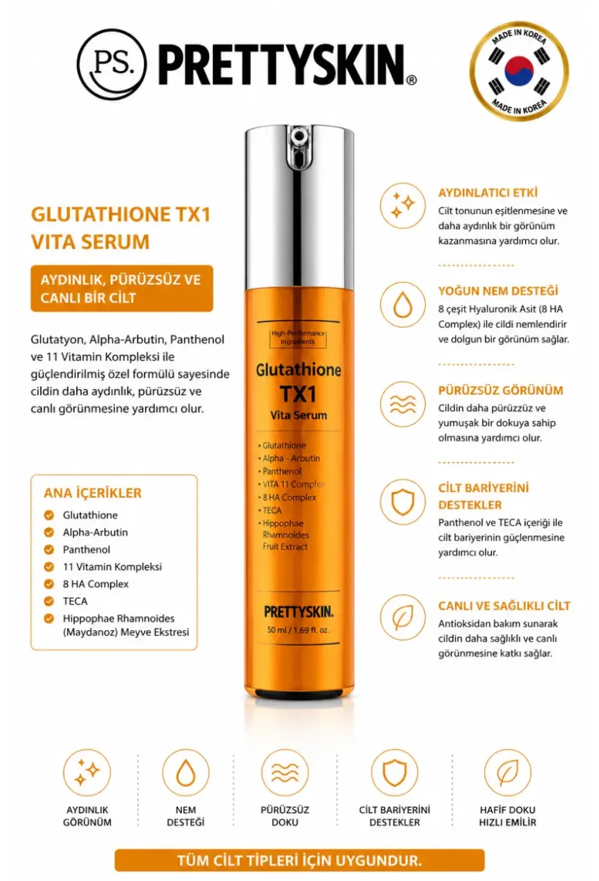 PS PRETTYSKIN Glutathione TX1 Vita Serum 50 ml | Aydınlatıcı ve Leke Karşıtı Cilt Serumu