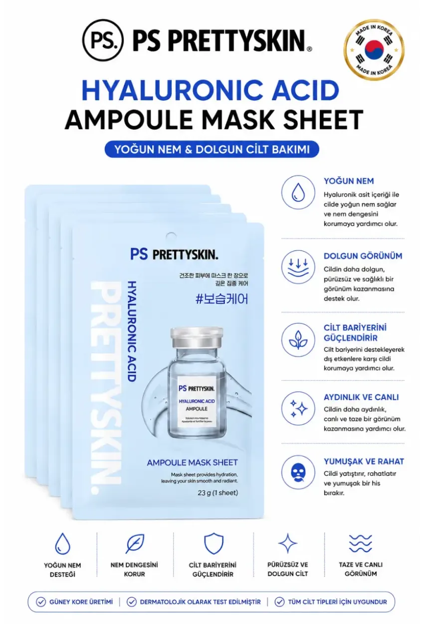 PS PRETTYSKIN Hyaluronic Acid Ampoule Mask Sheet 23g | Yoğun Nemlendirici Kağıt Yüz Maskesi 5li Set