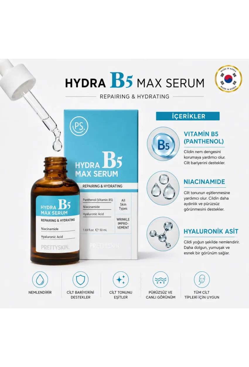 PS PRETTYSKIN Hydra B5 Max Serum 50 ml | Niacinamide %10 & Panthenol %10 Nemlendirici Leke Karşıtı Yüz Serumu