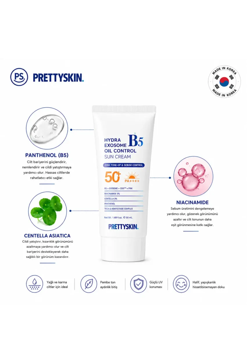 PS PRETTYSKIN Hydra Exosome B5 Oil Control Sun Cream SPF50+ PA++++ 50 ml | Karma Ciltler İçin Sebum Dengeleyici Güneş Kremi