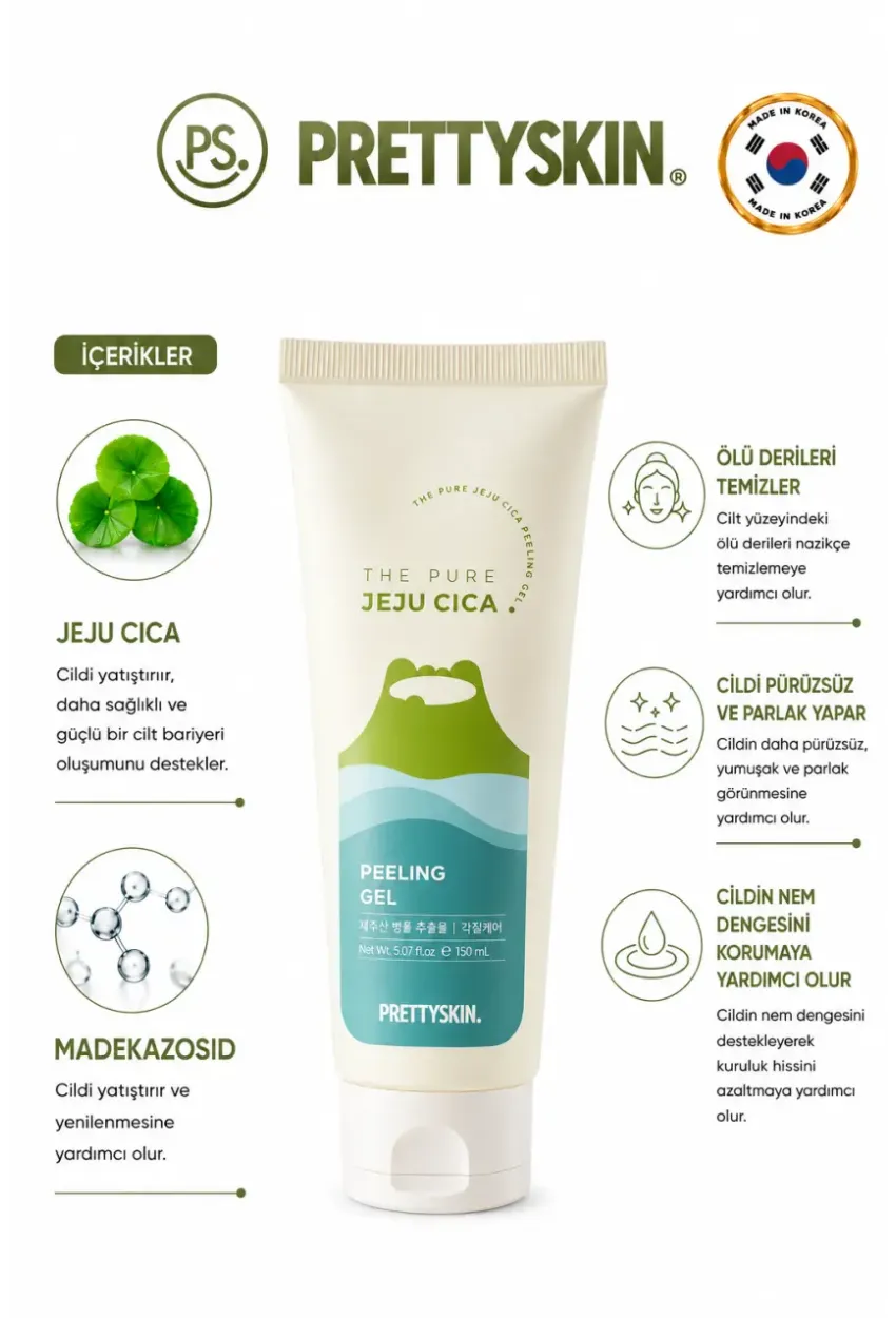 PS PRETTYSKIN Jeju Cica Peeling Gel – Hassas ve Yağlı Ciltler İçin Yatıştırıcı Peeling 150ml