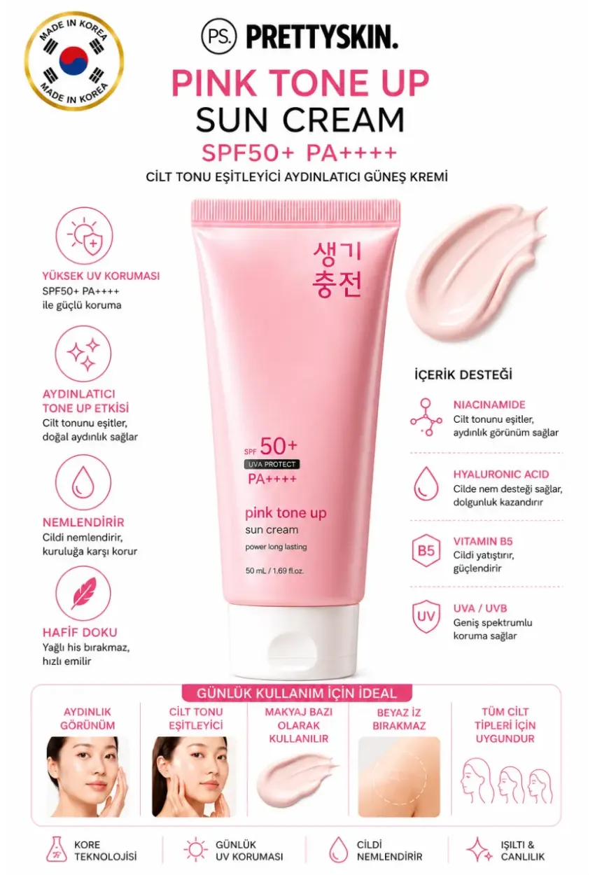 PS PRETTYSKIN Pink Tone Up Sun Cream SPF50+ PA++++ Kore Güneş Kremi Cilt Tonu Eşitleyici Aydınlatıcı 50 ml