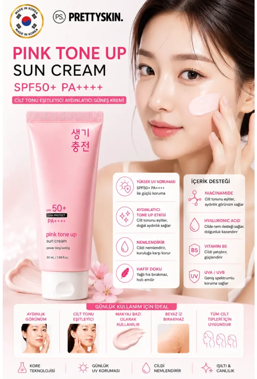 PS PRETTYSKIN Pink Tone Up Sun Cream SPF50+ PA++++ Kore Güneş Kremi Cilt Tonu Eşitleyici Aydınlatıcı 50 ml