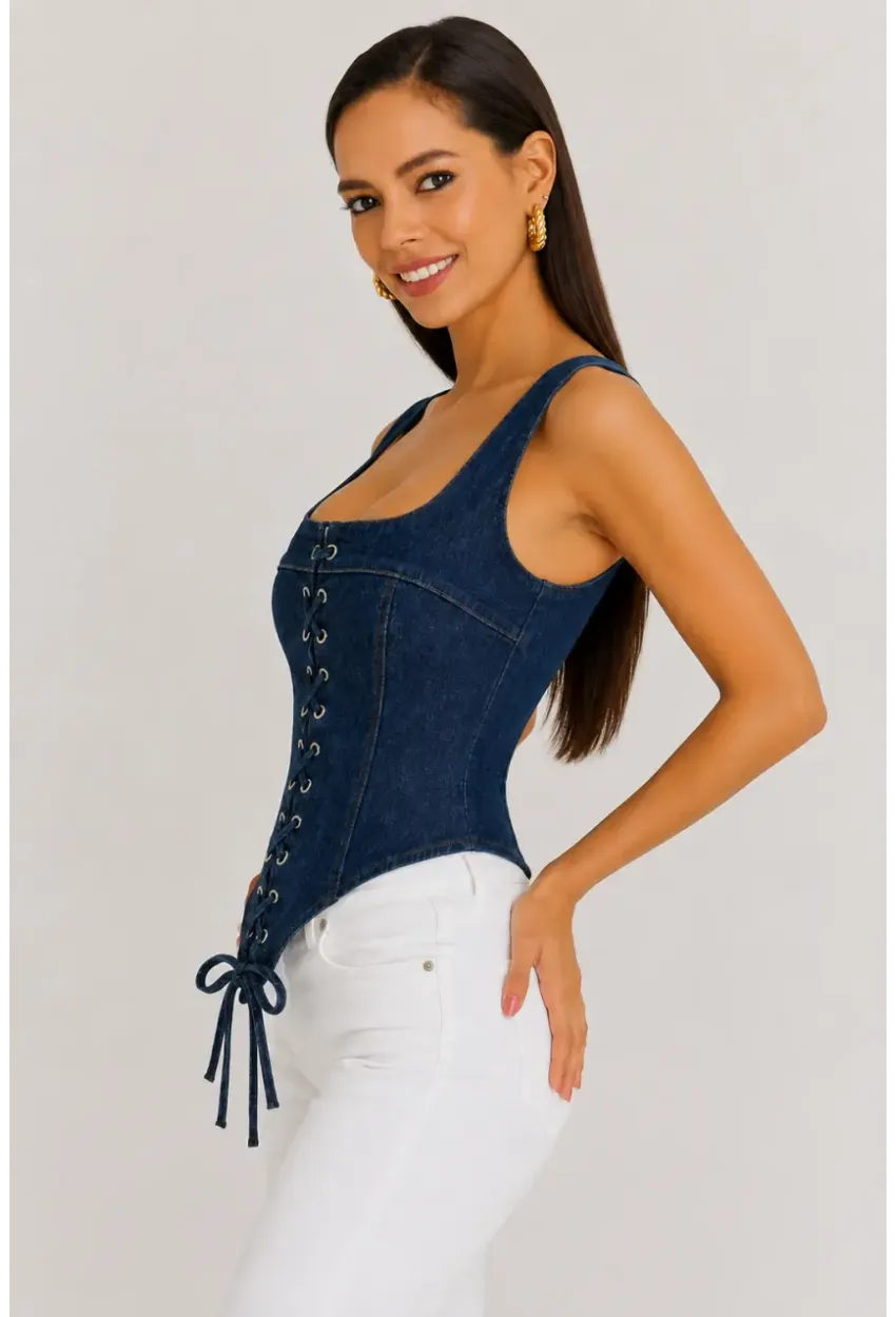 Retro Denim Bağcıklı Korse – Lacivert