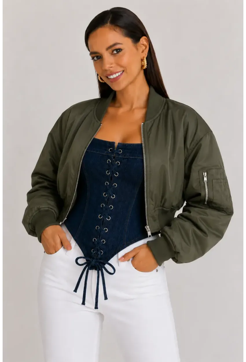 Retro Denim Bağcıklı Korse – Lacivert
