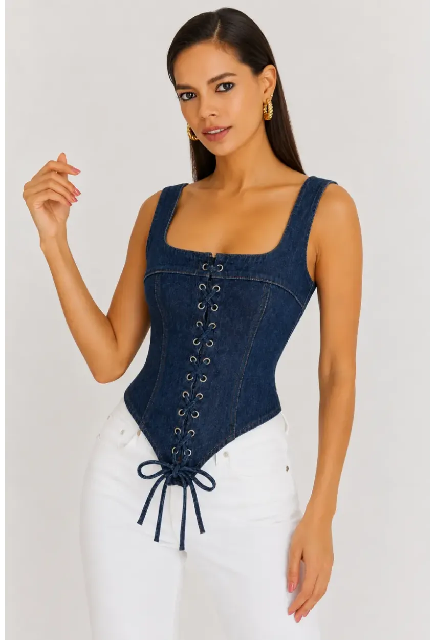Retro Denim Bağcıklı Korse – Lacivert