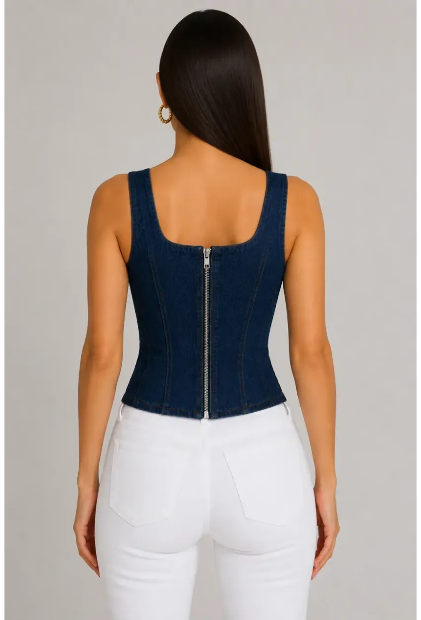 Retro Denim Bağcıklı Korse – Lacivert