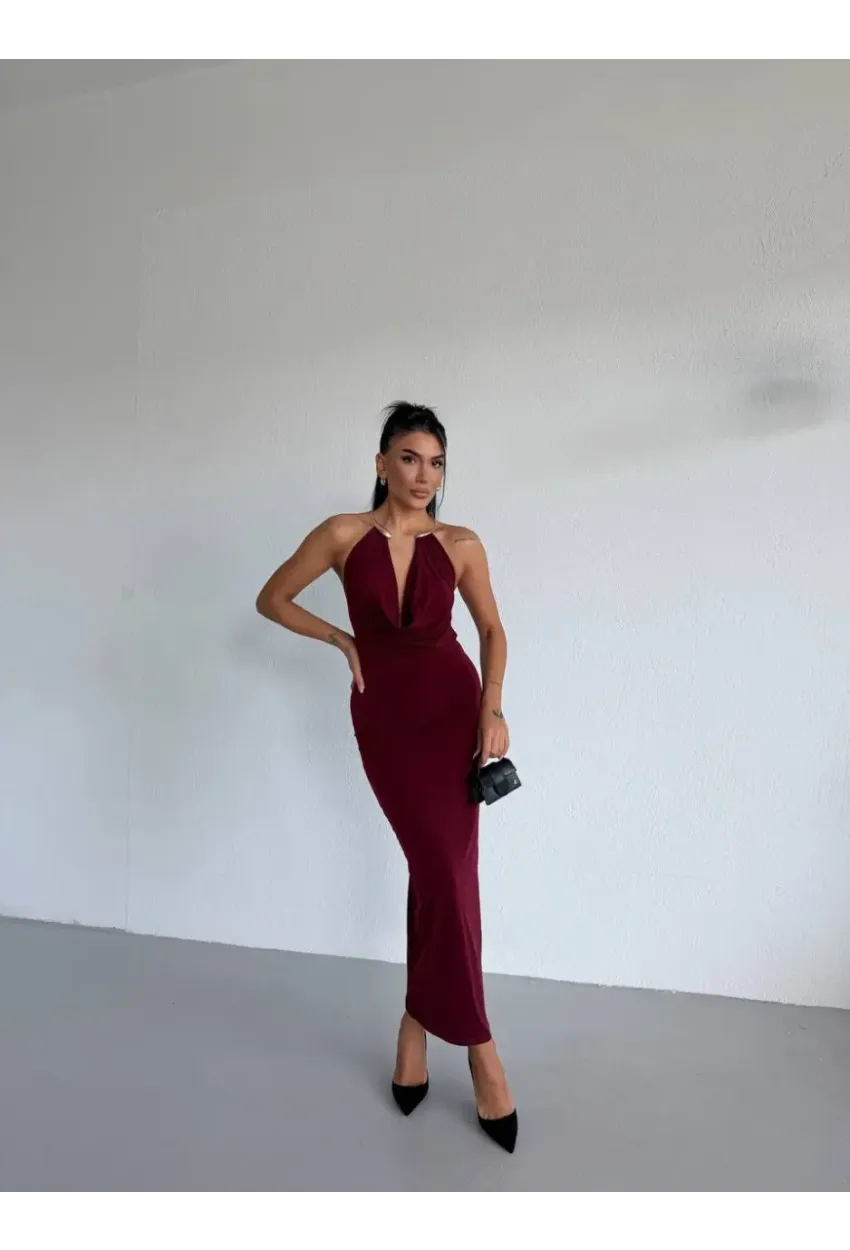 Sandy Kumaş Yaka Detay Elbise Bordo