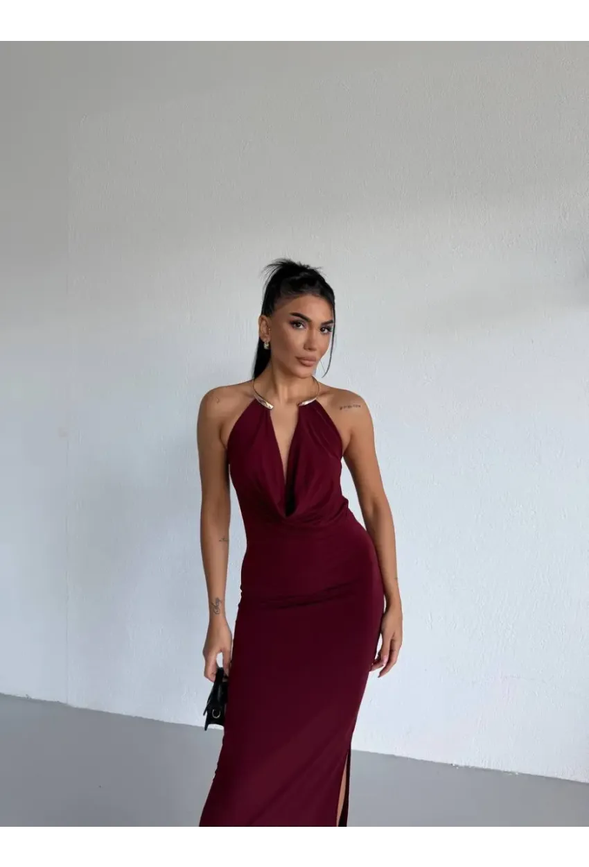 Sandy Kumaş Yaka Detay Elbise Bordo
