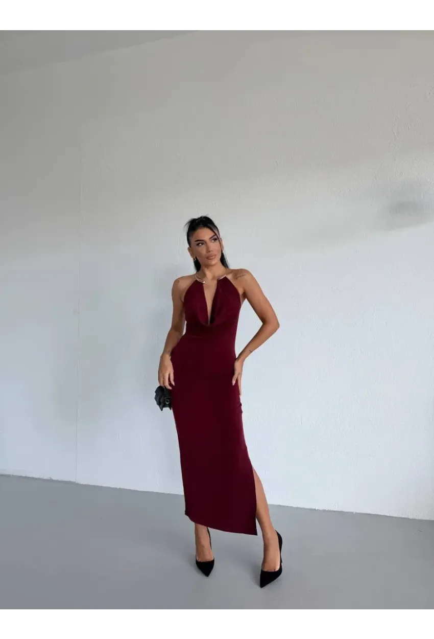Sandy Kumaş Yaka Detay Elbise Bordo