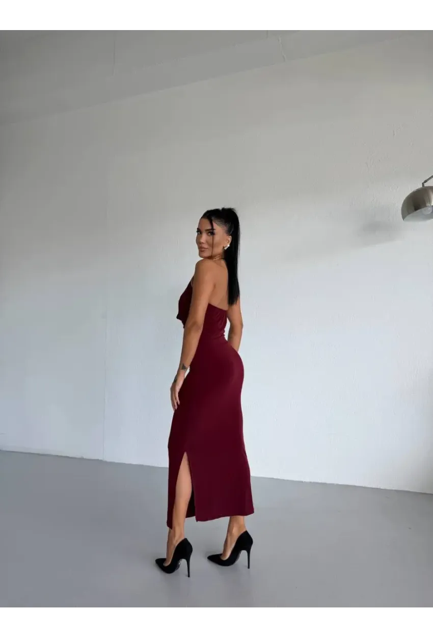 Sandy Kumaş Yaka Detay Elbise Bordo